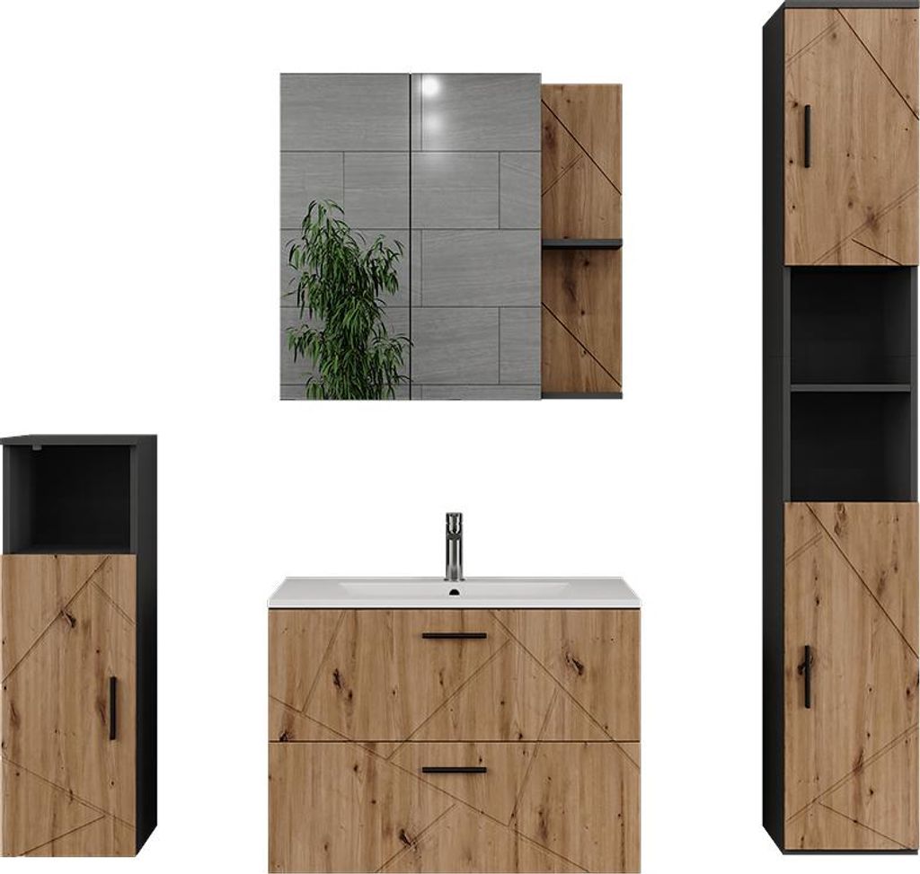 Badmöbel-Set Vicco Irma Anthrazit/Goldkraft Eiche 5 Teile, Produktbild 
