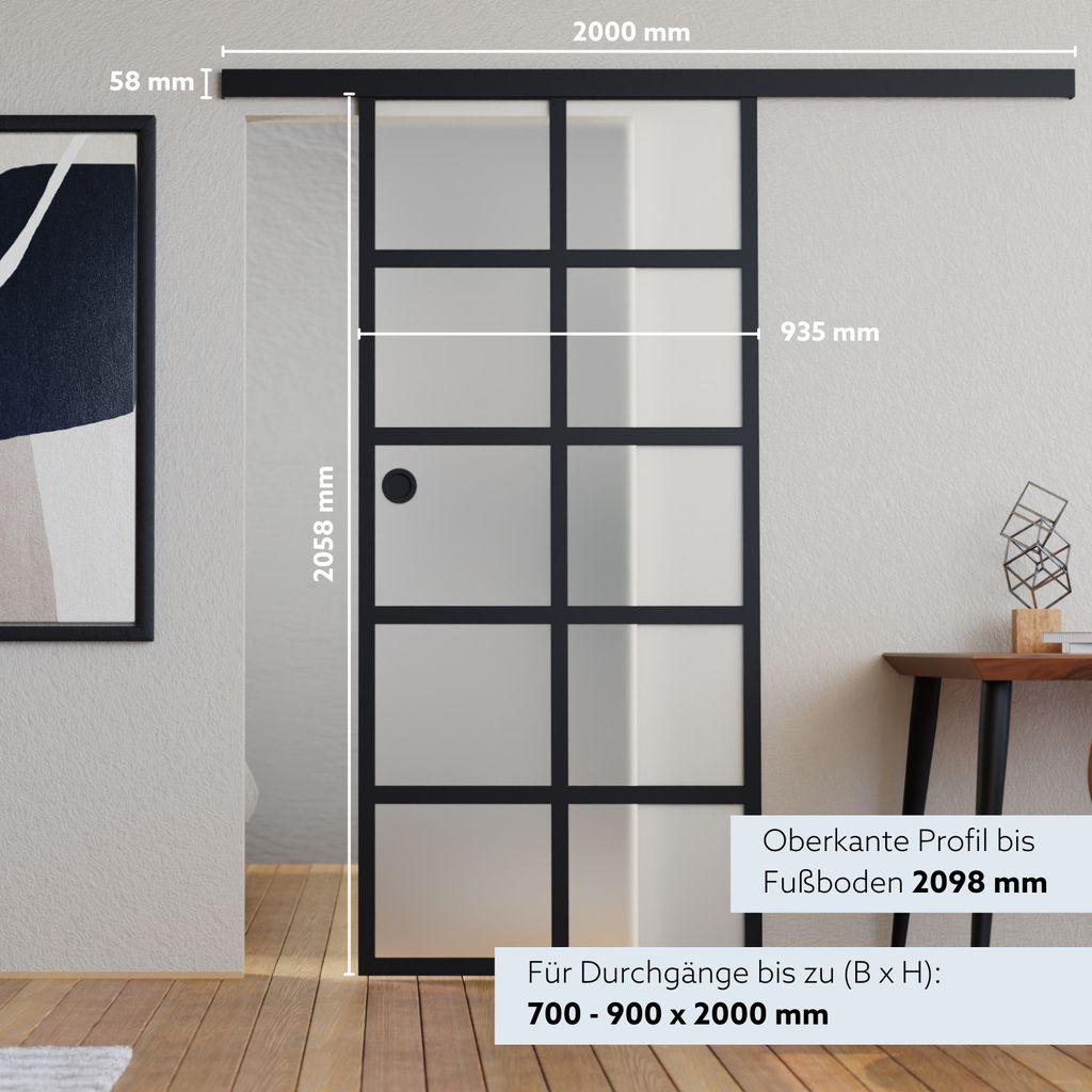 Loft Glasschiebetür Komplettset Milchglas 935x2058 inkl. Produktbild 3