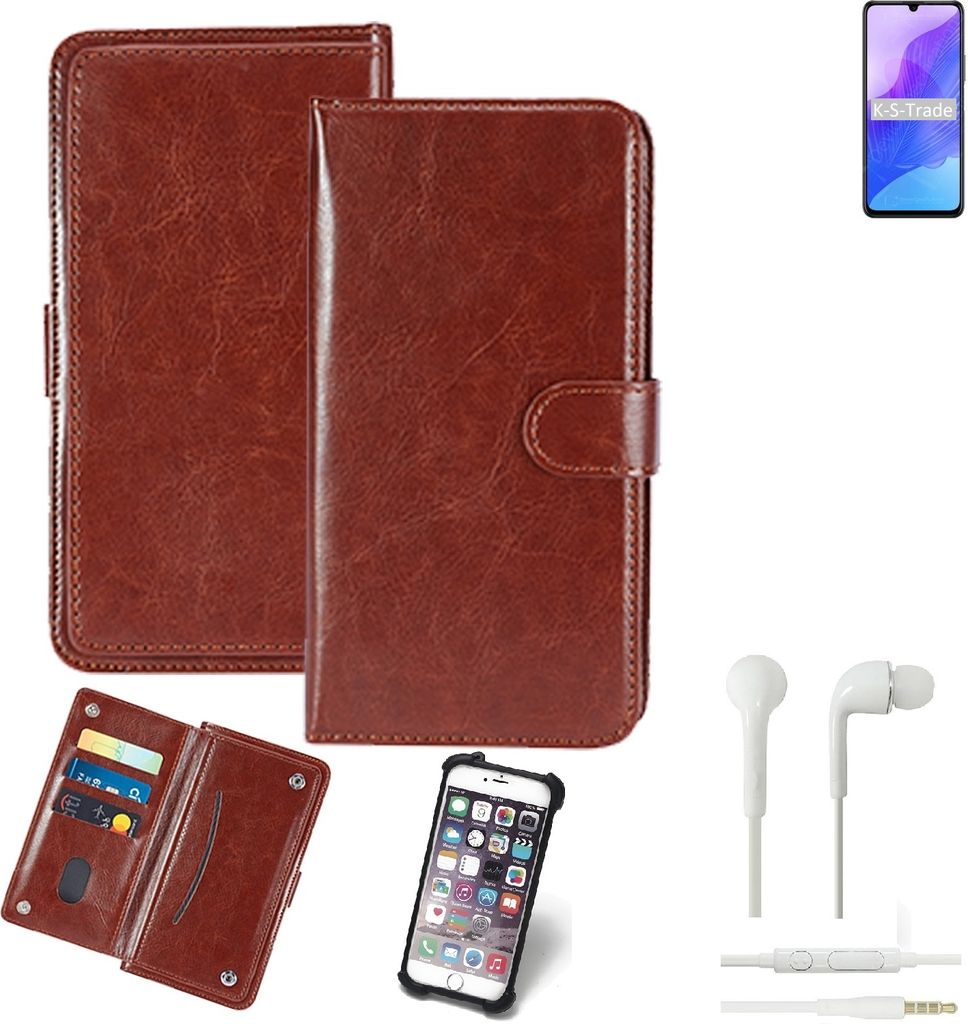 K-S-Trade 360° Hülle kompatibel mit Huawei Honor 30 Lite inkl. Headphones braun Kunstleder Case BookCase WalletCase Kunstlederederhülle