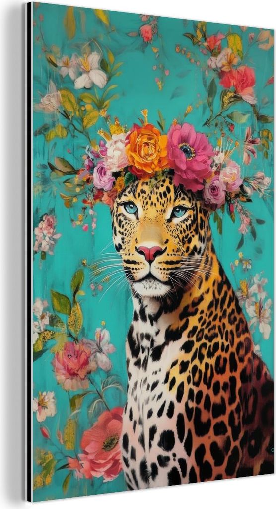 MuchoWow Wanddekoration Metall Metallbild Wandkunst 20x30 cm Leopard - Blumen - Krone MuchoWow Aluminium Gemälde - Alu Dibond Bild