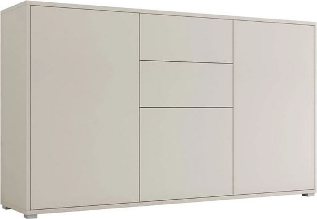 A modern, minimalist sideboard with three drawers and two doors, presented against a plain white background.