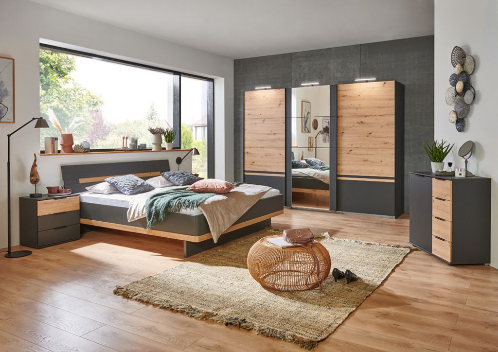 Schlafzimmer Komplett Set, 5-teilig (ohne Beleuchtung!), GRANADA-43 in graphit mit Artisan Eiche Nb.