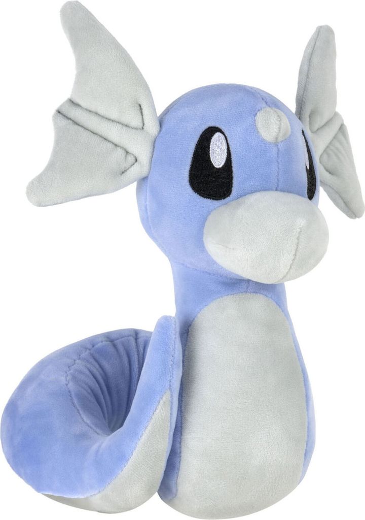 A plush toy of the Pokemon Dratini is shown against a white background.