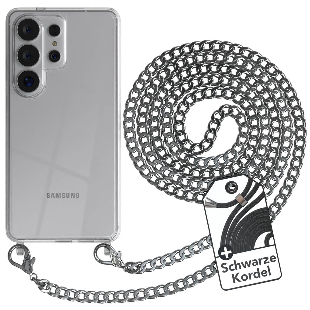 EAZY CASE Metall Handykette für Samsung Galaxy S26 Ultra, Handyhülle mit Umhängeband, Silikonhülle, Metallkette für Smartphone in Silber