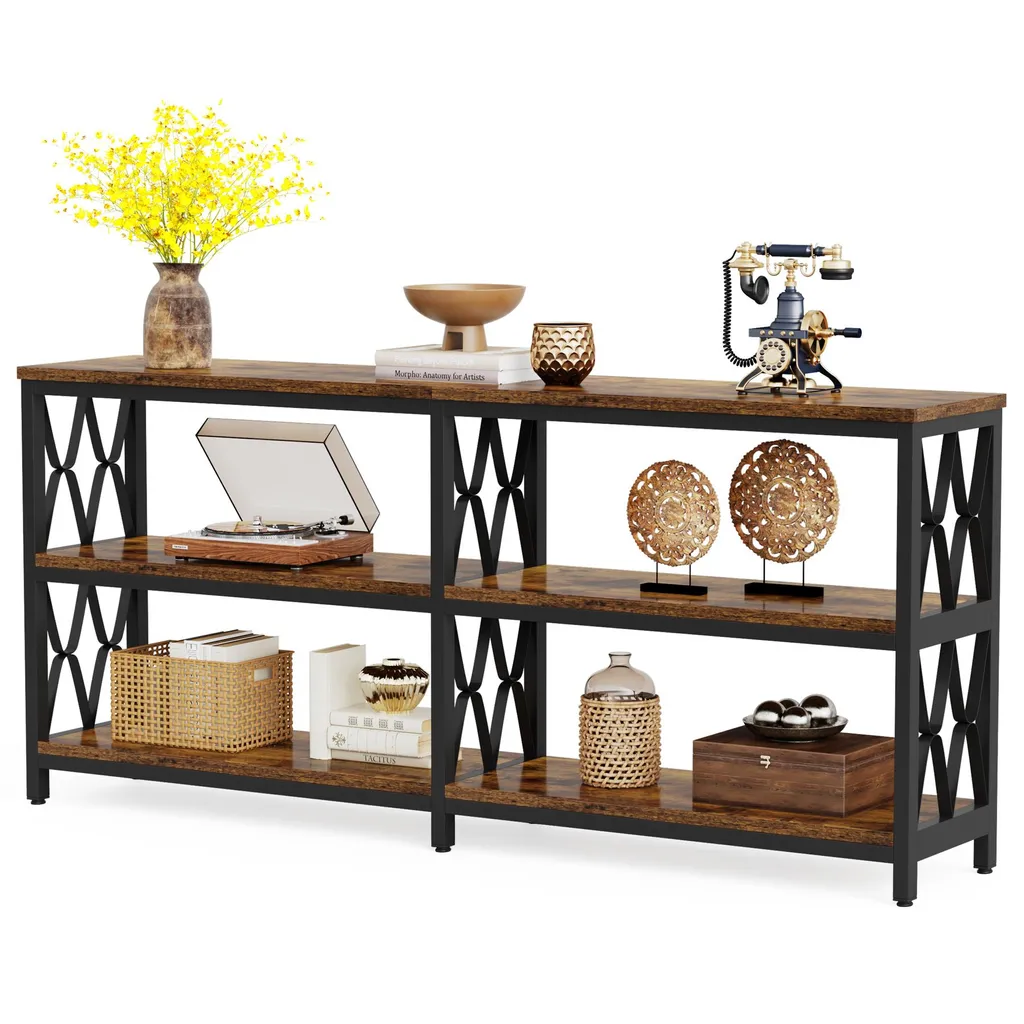 Table console industrielle à 3 niveaux en bois rustique et métal noir - 12