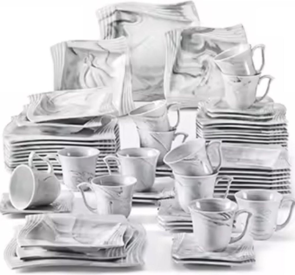 Bordenset – 12 Personen – 60-teilig – Marmerlook Keramik – Frühstücks- und Beilagenteller