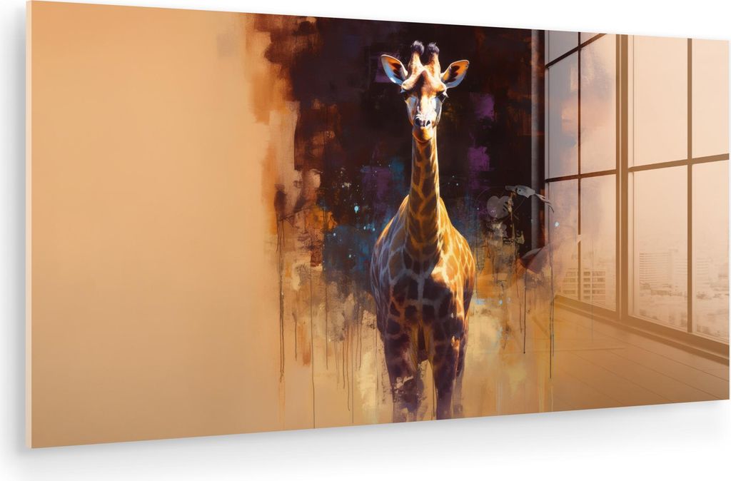 MuchoWow Glasbilder - Bilder auf Wandbild - Foto auf Glas Giraffe - Braun - Abstrakt - Gemalt 40x20 cm Wanddekoration aus Glas - Acrylglasbild - Ac...