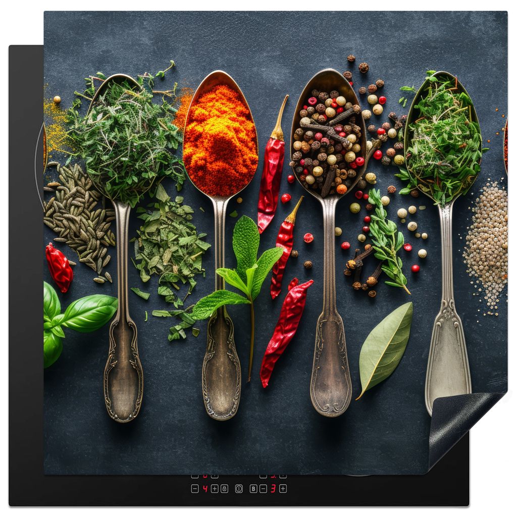 KitchenYeah Herdabdeckplatte Gewürze - Löffel - Kräuter , 78x78cm, Küche Deko, Glaskeramikkochfeld Herdabdeckung, Abdeckplatte fùr Kochfeld
