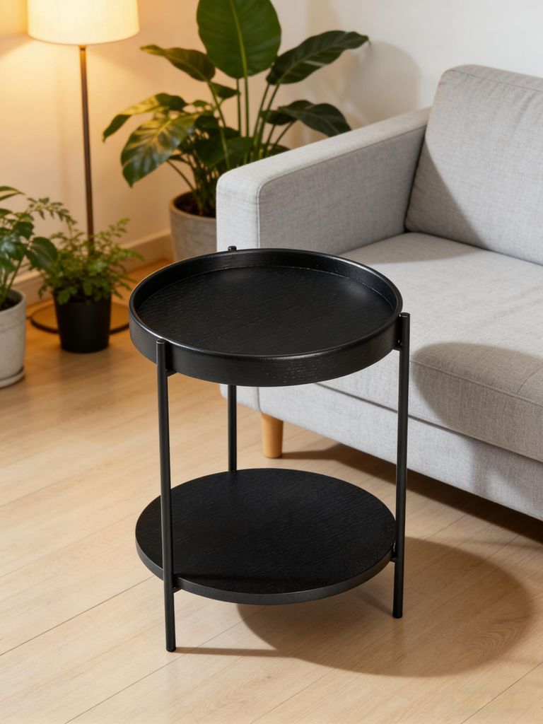 williamspace Moderner 2-Etagen Beistelltisch mit Metallgestell & Holzoptik, Rund, Schwarz