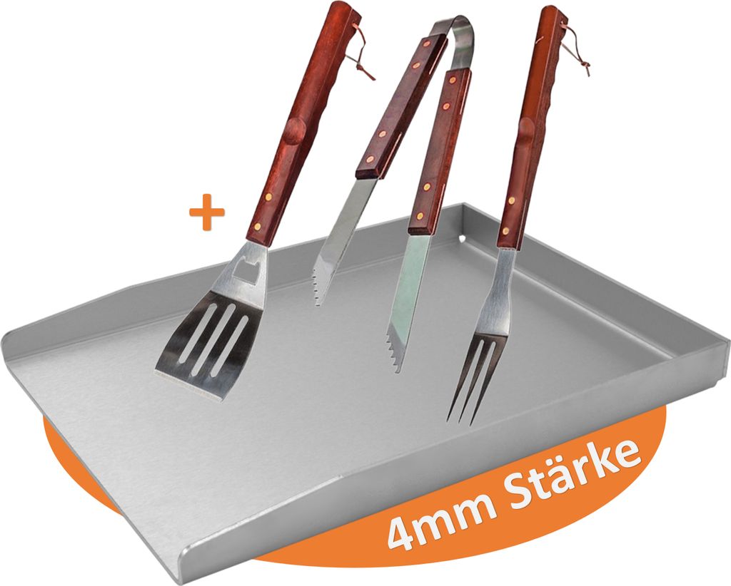 Werk24 Edelstahl Grillplatte mit Grillbesteck 30x40cm Massiv 4mm Stärke Plancha Grillschale für Gasgrill und Holzkohlegrill
