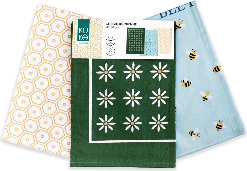 Set aus Küchentüchern, Geschirrtüchern,3-teilig, farbenfroher Druck Bienen 026
