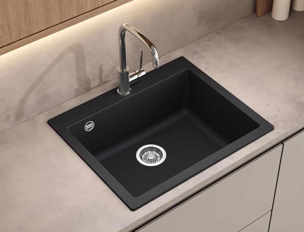 Helika Granitspüle SIMPLEX 61 x 51 cm in Schwarz inkl. Druckknopfventil und Siphon, Einbau