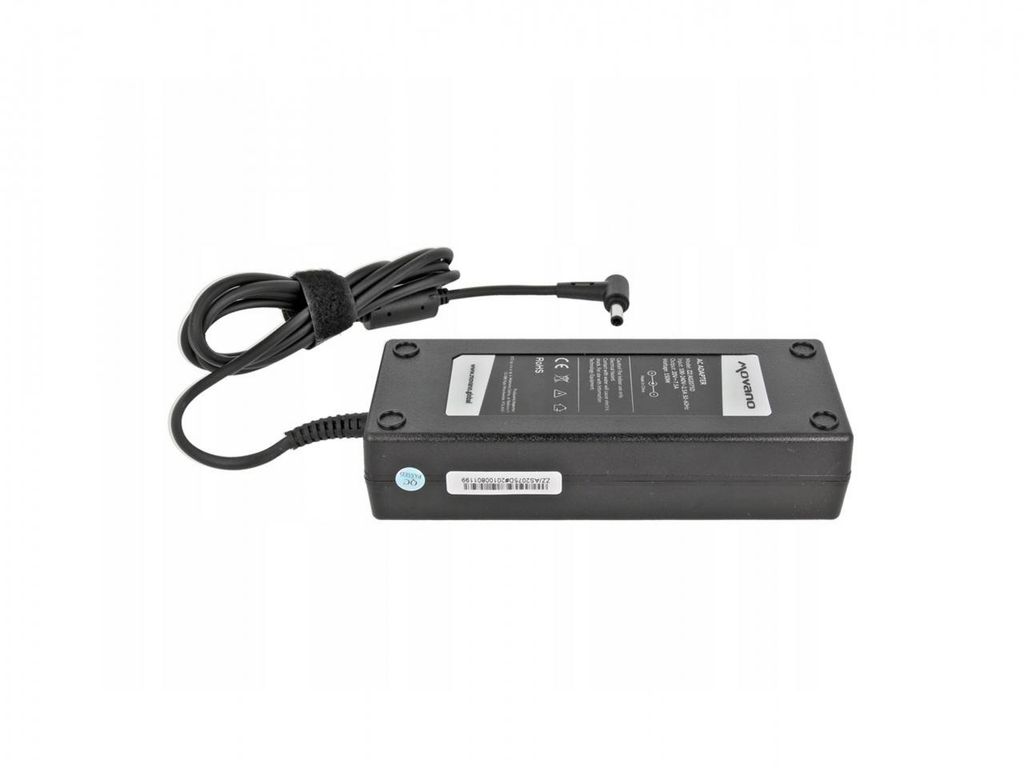 A black laptop power adapter with a coiled cord and a right-angle connector, presented on a white background.
