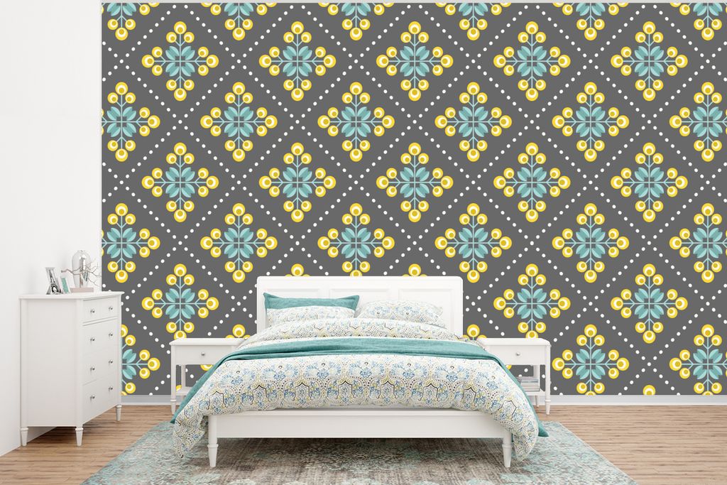 MuchoWow Fototapete für Wohnzimmer oder Schlafzimmer Wandtapete Vinyl Motivtapete Design - Kariert - Blumen - Grau - 400x300 cm - Papiertapeten