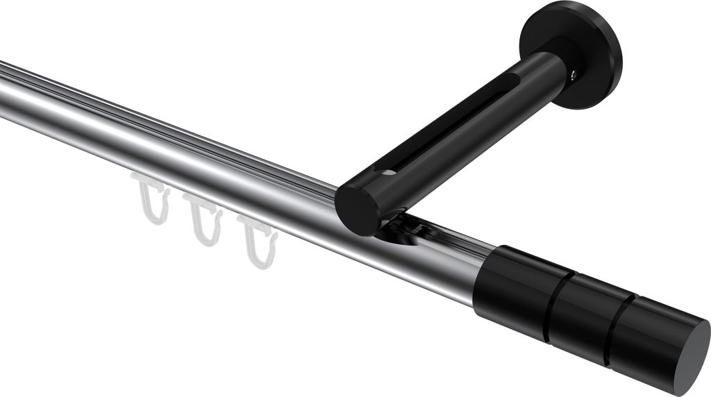 Interdeco Innenlaufstange / Gardinenstange mit Innenlauf Chrom / Schwarz, Typ Siteno Elanto (Rillenzylinder), 20 mm Ø 1-läufig, 240 cm
