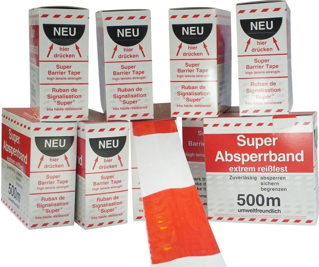 12 Rol. Absperrband * SUPER * 500m Absperrrolle 80mm Abrollkarton Polizei Abgrenzungsband Makierungsband Baustelle Warnband Flatterband Feuerwehr 8...