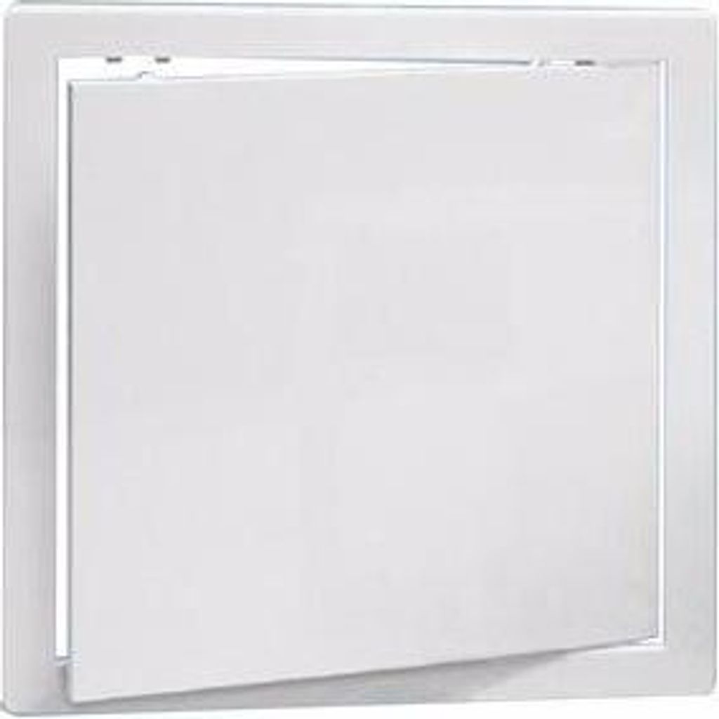 A white access door is shown, slightly ajar, against a white background.