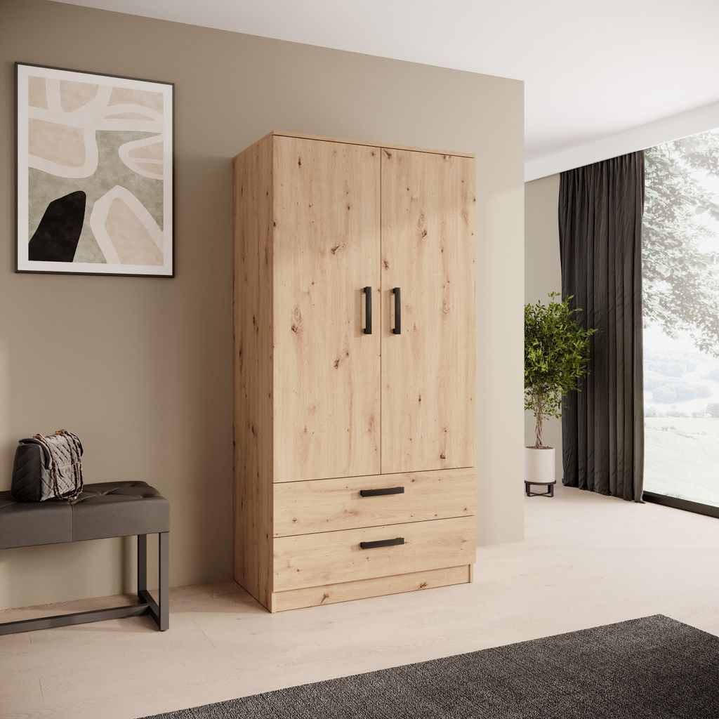 BEAUTYSOFA | Drehtürenschrank TREND 90 cm Artisan, Moderner Kleiderschrank mit Schubladen, Kleiderstange & Regalen - Soft-Close-System