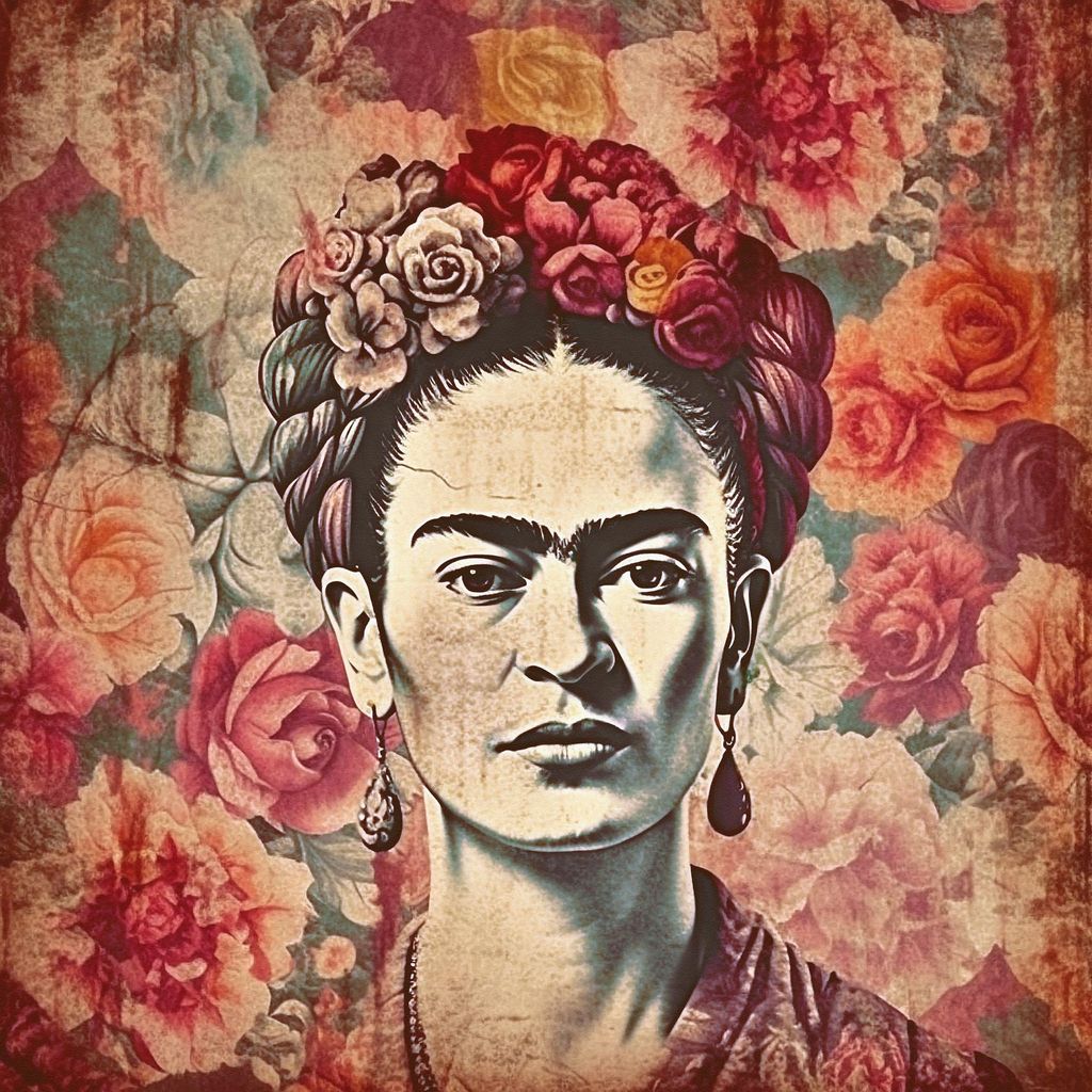 TADESSI Leinwandbild Frida mit Blumen - Wandbild 50 x 50 cm - Kunstdruck auf Leinwand in Bunt - M1-No.52031
