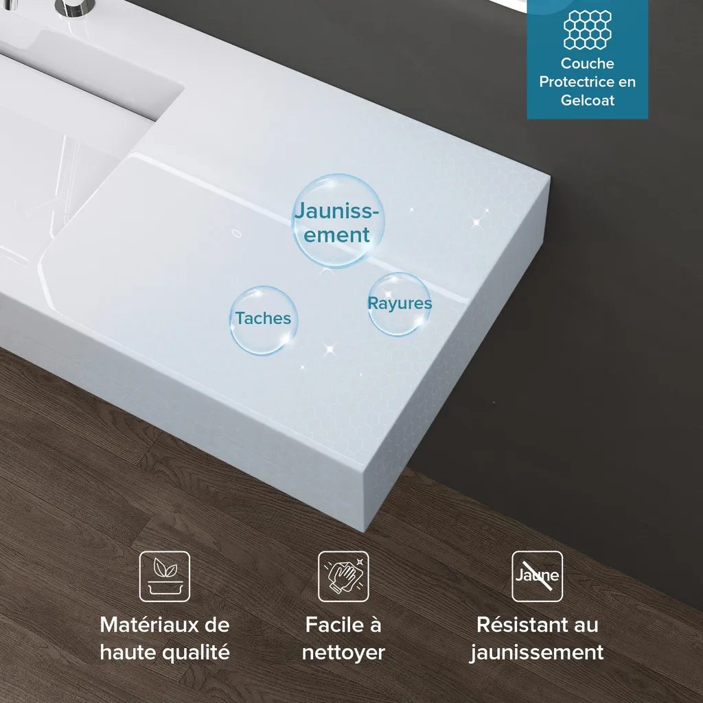 Grand Lavabo Suspendu Mural Rectangulaire 100cm en Solid Surface Blanc