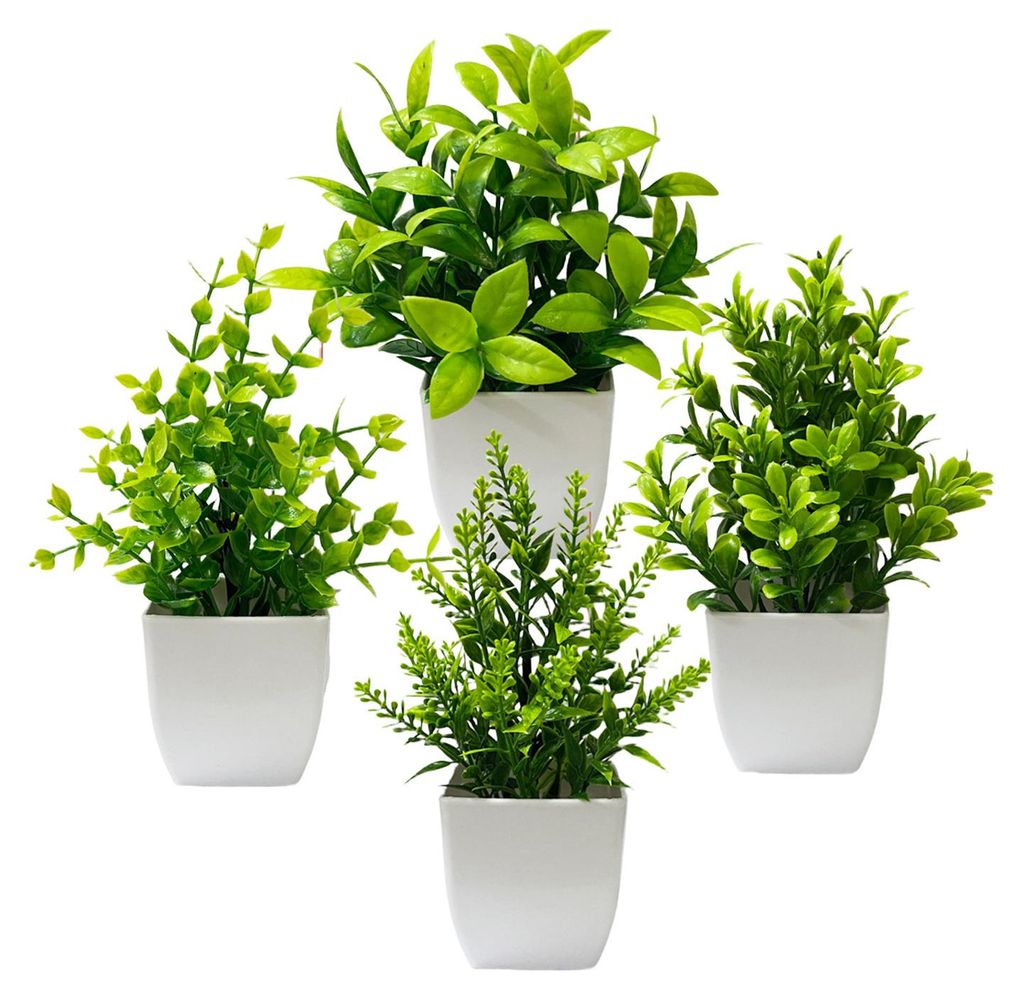 4 Mini-Kunstpflanzen im Topf, kleine künstliche Pflanzen mit Topf für Zuhause, Büro, Tischregal, Badezimmerdekoration im Landhausstil