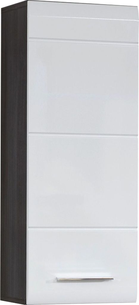 A tall, narrow cabinet with a dark gray side and white front panels, featuring horizontal grooves and a silver handle.