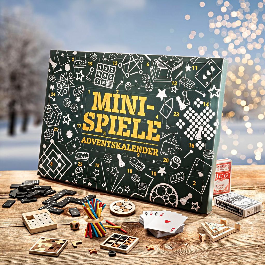 A collection of mini-games and a mini-games advent calendar are displayed on a wooden table in a winter setting with bokeh lights in the background.