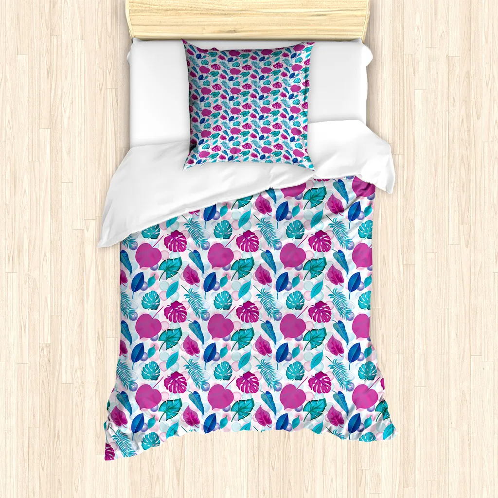 ABAKUHAUS Set copripiumino blu e rosa per letti singoli, foglie tropicali rotonde, antiacaro, adatto a chi soffre di allergie, con federa, 135 cm x 200 cm - 80 x 80 cm, multicolore