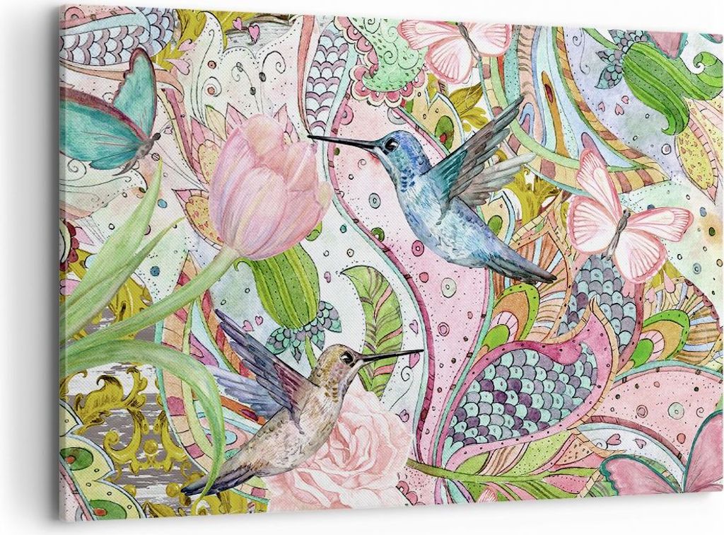 Bild auf Leinwand - Leinwandbild - Vogel Schmetterling Blume - 100x70cm - Wand Bild - Wanddeko - Leinwanddruck - Bilder - Kunstdruck - Wanddekorati...