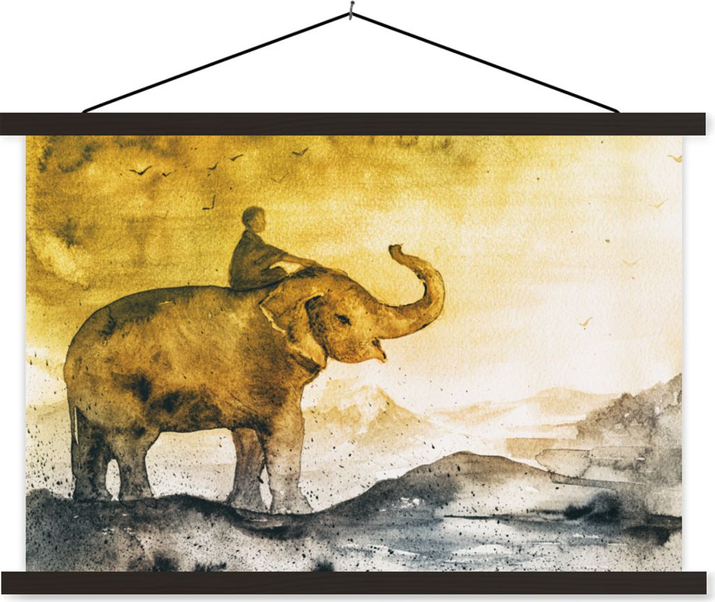 MuchoWow Textilposter Elefant - Kind - Berg - Aquarell 60x40 cm mit schwarzem Rahmen - Hölzernes