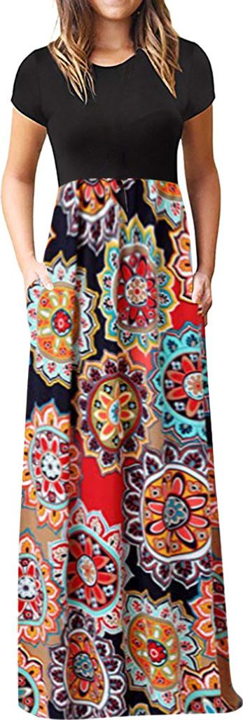 ASKSA Damen Kurzarm Sommer Casual Long Maxi Kleider mit Taschen (Mehrfarbig,3XL)