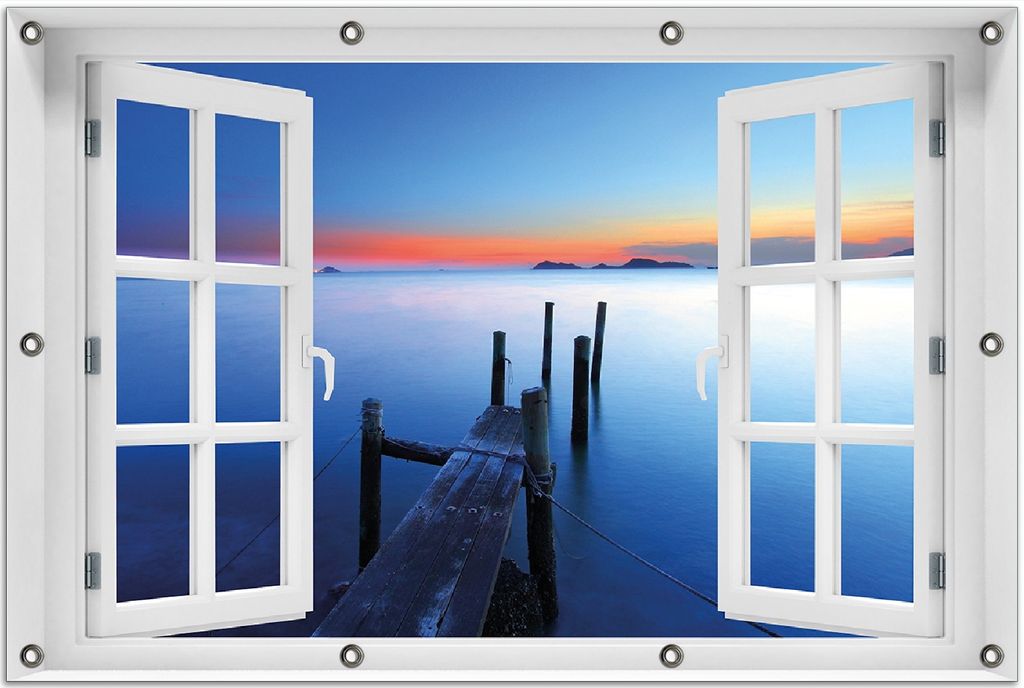 Wallario Outdoor-Poster für Garten oder Balkon 80 x 120 cm: Steg im Wasser - Abendstimmung am Meer