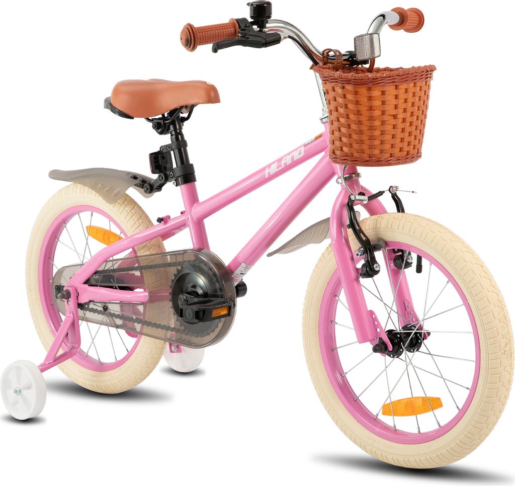 HILAND Ins Star 16 Zoll Kinderfahrrad für Mädchen Jungen 4 5 6 7 Jahre mit Stützräder, Korb, Handbremse und Rücktrittbremse, Rosa