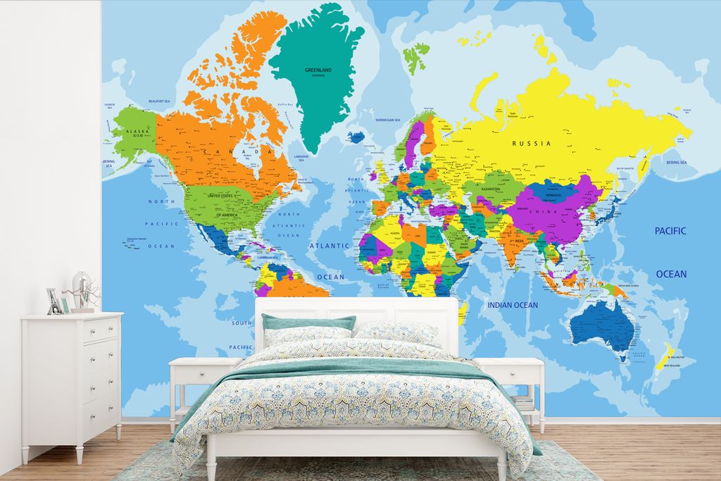 MuchoWow Fototapete für Wohnzimmer oder Schlafzimmer Wandtapete Vinyl Motivtapete Weltkarte - Farben - Buchstaben - Kinder - Jungen - Mädchen -...