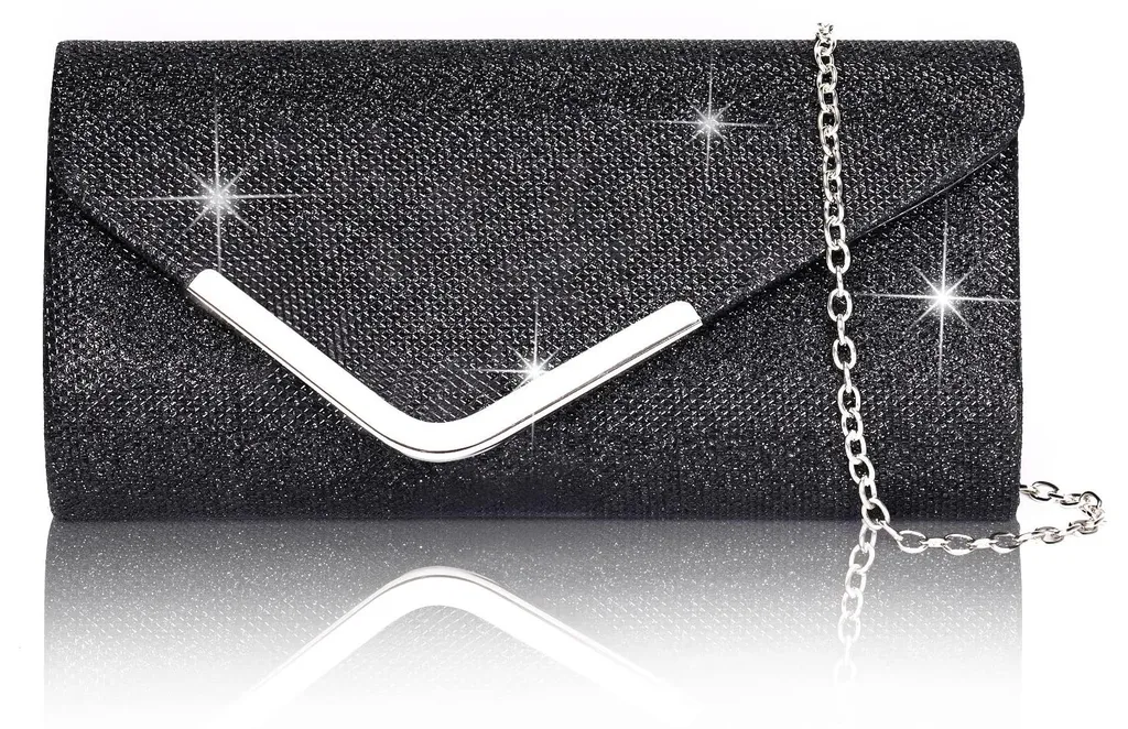 Pochette de soirée noire à paillettes scintillantes avec chaîne amovible