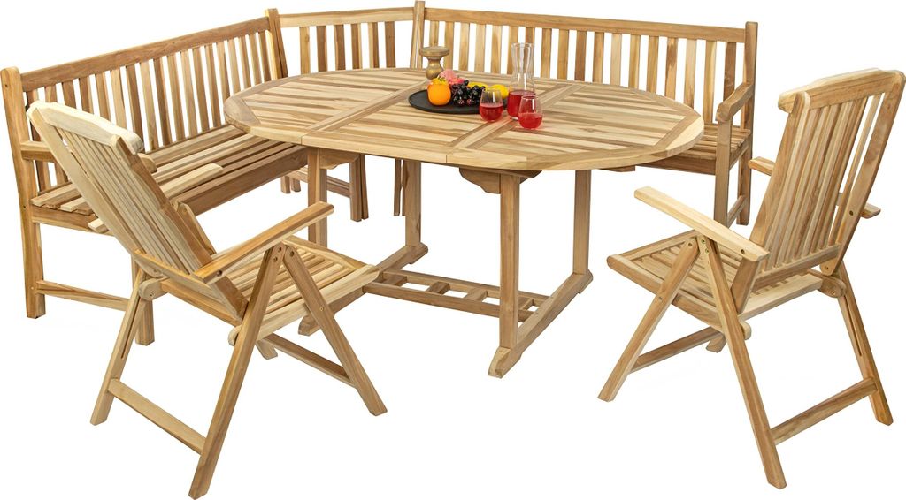 4tlg. Gartengruppe Borneo, Teakholz massiv, Garten-Set bestehend aus 1x Gartentisch 120-170 x 100 cm, 2X Hochlehner Aruba, 1x Eckbank, für Terrass...