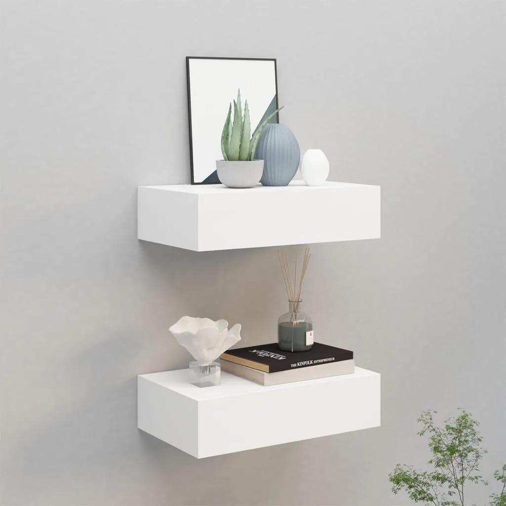 Tablettes Murales Flottantes avec Tiroir de Rangement Blanc en MDF 2 pcs