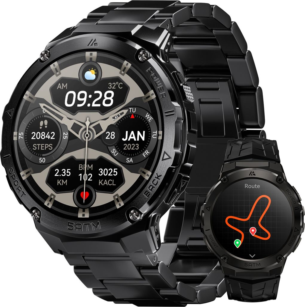 Smartwatch für Herren GPS, Druck/Höhenlage/Kompass, 480mAh extragroße Batterie, 50M Wasserdicht, robuste Smartwatch mit Vollmetallgehäuse, Anru...