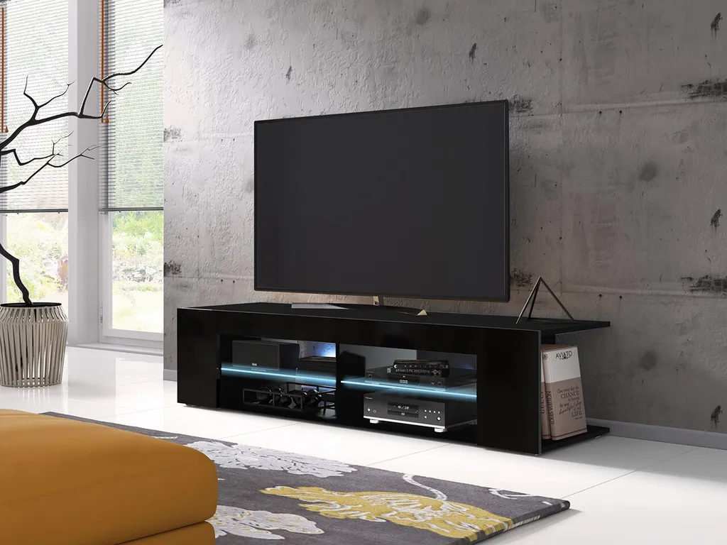 Meuble TV KINSALE 1 noir brillant avec LED intégrées - Finition luxe