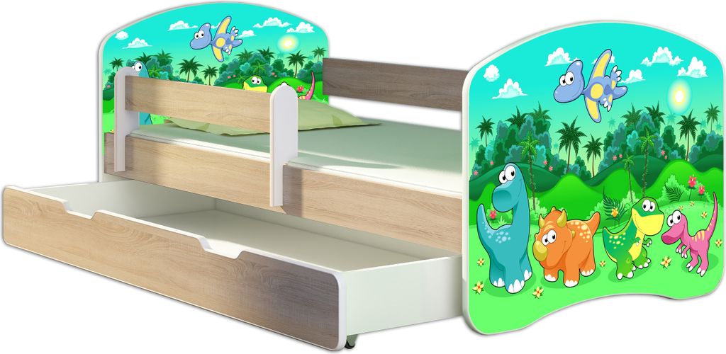 ACMA Jugendbett Kinderbett Junior-Bett Komplett-Set mit Matratze Lattenrost und Rausfallschutz Sonoma 30 Dino 160x80 + Bettkasten
