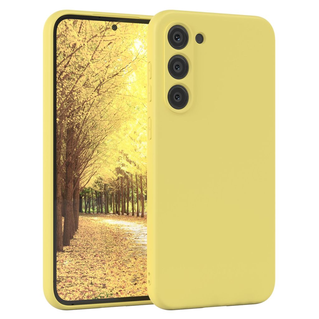 A yellow phone case is shown on the right, with a smartphone displaying a scenic image on the left.