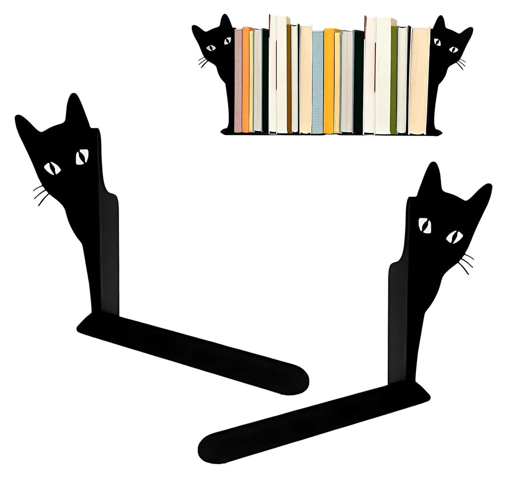 Buchstützen aus Metall, Set mit 2 schwarzen Katzen für Bücher, stabiles Büchereidekor für Büro und Zuhause