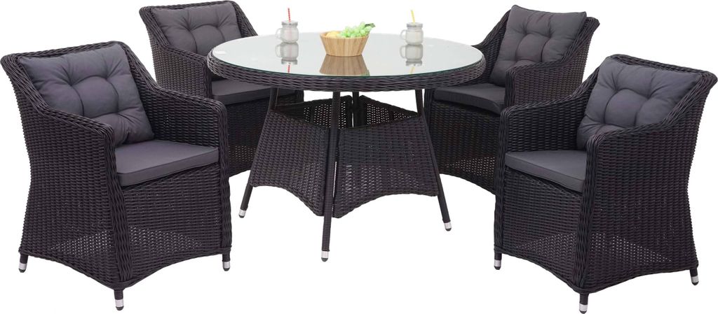 Poly-Rattan Garnitur MCW-F51, Garten-/Lounge-Set Sitzgruppe Tisch+4xStuhl, rundes Rattan anthrazit Kissen dunkelgrau