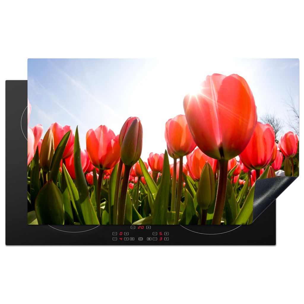 KitchenYeah Herdabdeckplatte Blumen - Tulpen - Sonne , 85x52cm, Küche Deko, Glaskeramikkochfeld Herdabdeckung, Abdeckplatte fùr Kochfeld