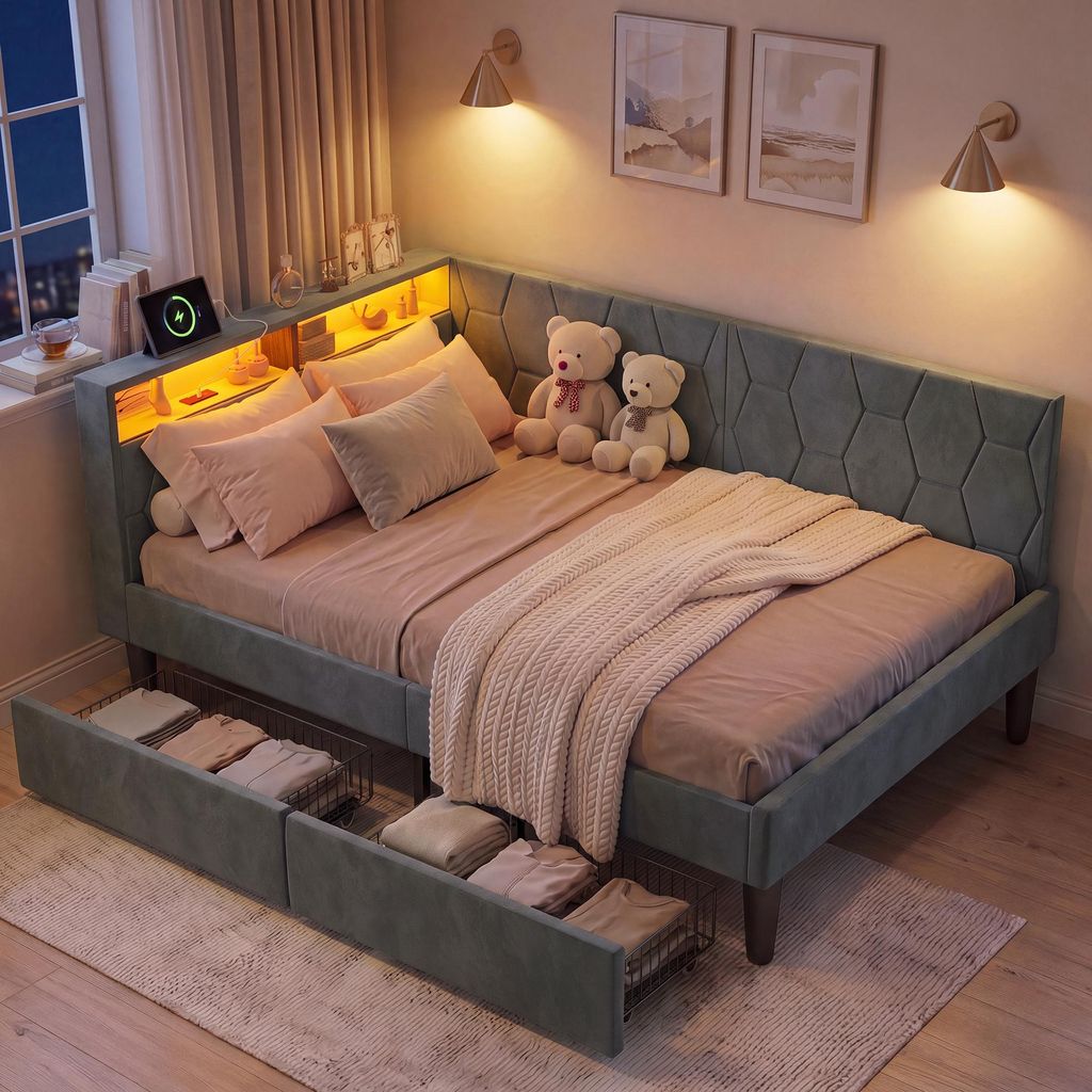 UnboxG gestoffeerd bed 90x200 cm, fluweel, met 2 lades, Productafbeelding 