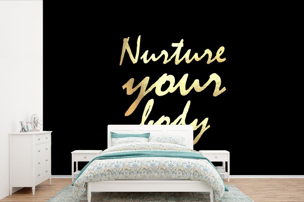 MuchoWow Fototapete für Wohnzimmer oder Schlafzimmer Wandtapete Vinyl Motivtapete Zitate - Gesund - Gold - 525x350 cm - Das Hintergrundbild