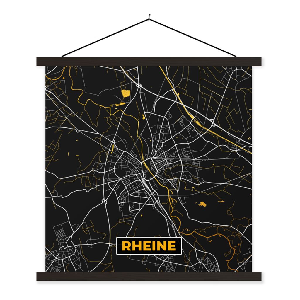 MuchoWow Textilposter Stadtplan - Deutschland - Gold - Rheine - Karte 120x120 cm mit schwarzem Rahmen - Aufhängungsset