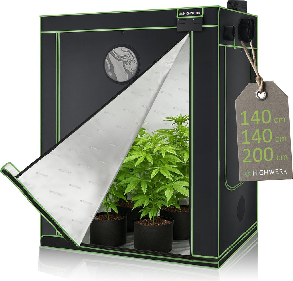 A black and green grow tent is shown with its front flap open, revealing several potted plants inside. A price tag with dimensions is attached to the side.