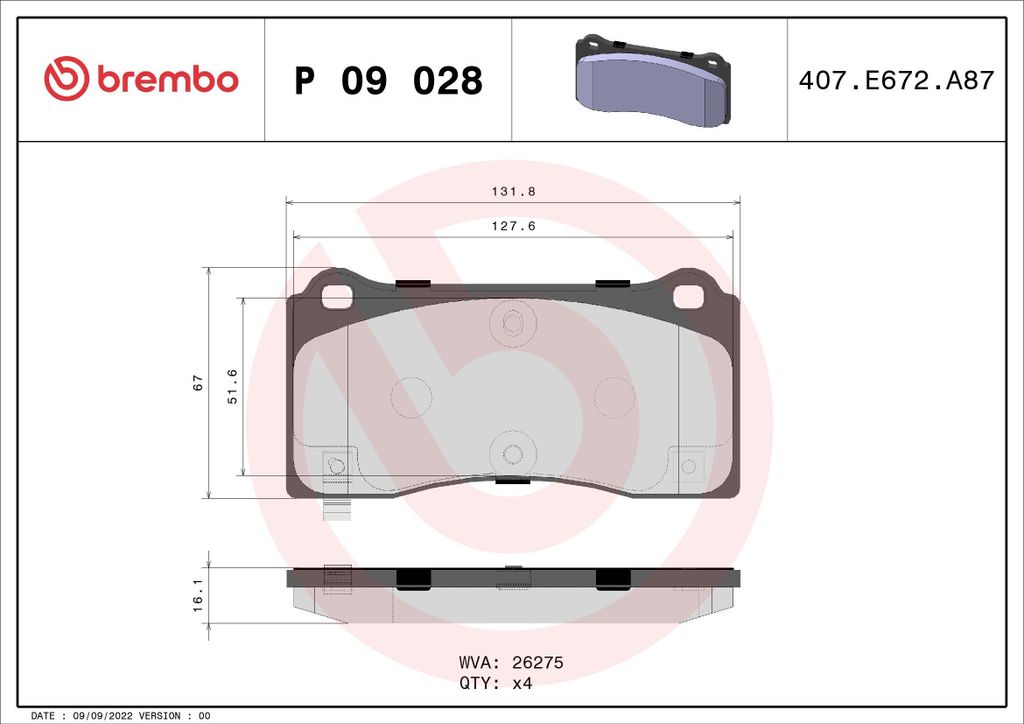 BREMBO P 09 028 - OE 800824000A Bremsbeläge für Model 3 (5YJ3), Model Y (5YJY)