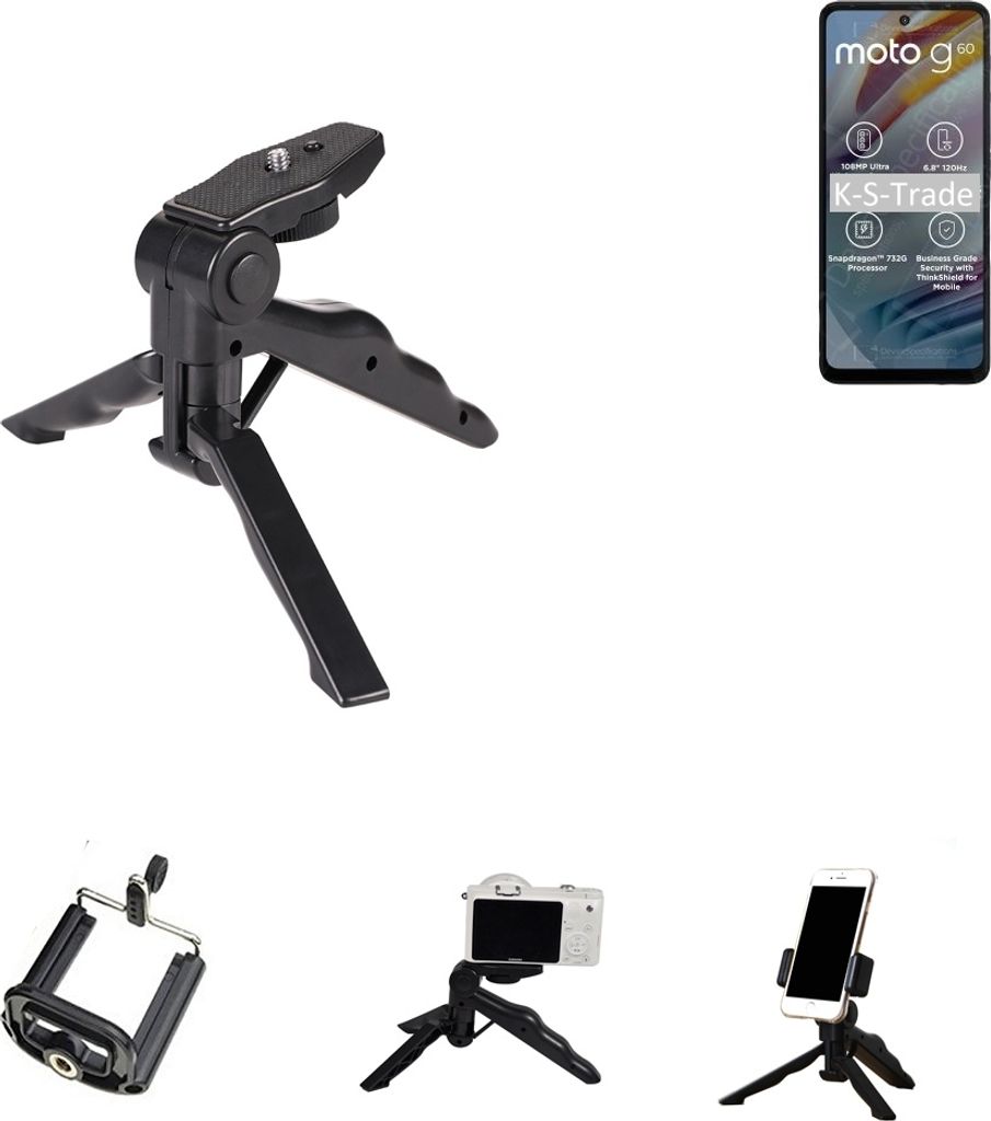 K-S-Trade Stativ Tisch-Ständer Dreibein Handy-Stativ Ständer kompatibel mit Motorola Moto G60 Mini-Stativ Smartphone Tripod Handy-Stativ aus Plastik